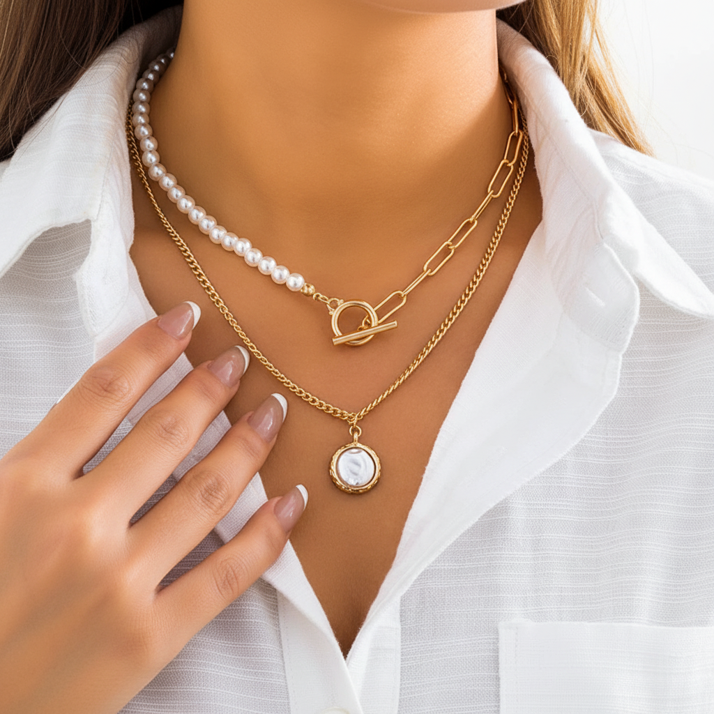 Mehrschichtige Perlenhalskette - PearlCharm