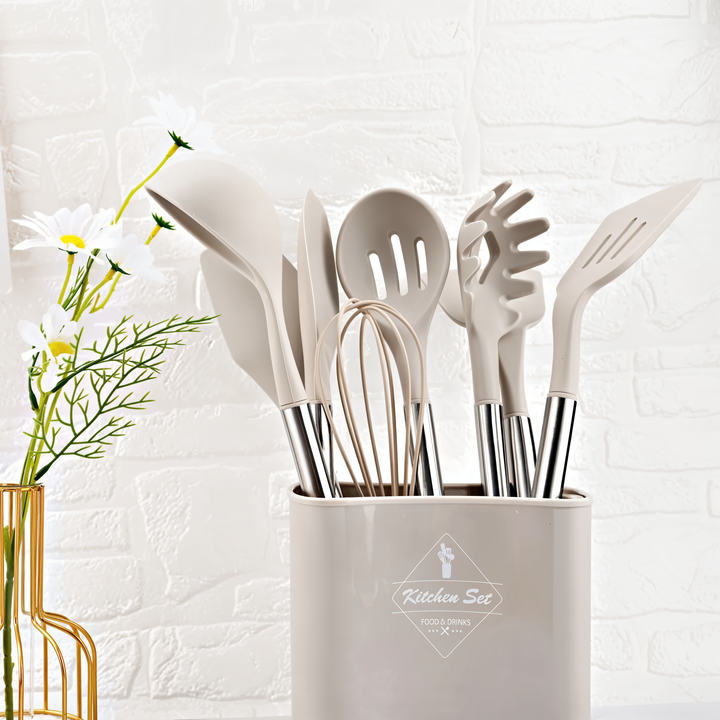 Küchenutensilien-Set | Silikon | 12-teilig | Vielseitig | Edelstahl | Stilvoll | Langlebig-Beige-Luzern Mode