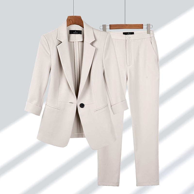 Damenanzug | Blazer | Hose | Einfarbig | Zweiteilig | Weicher Stoff-Beige-M-Luzern Mode
