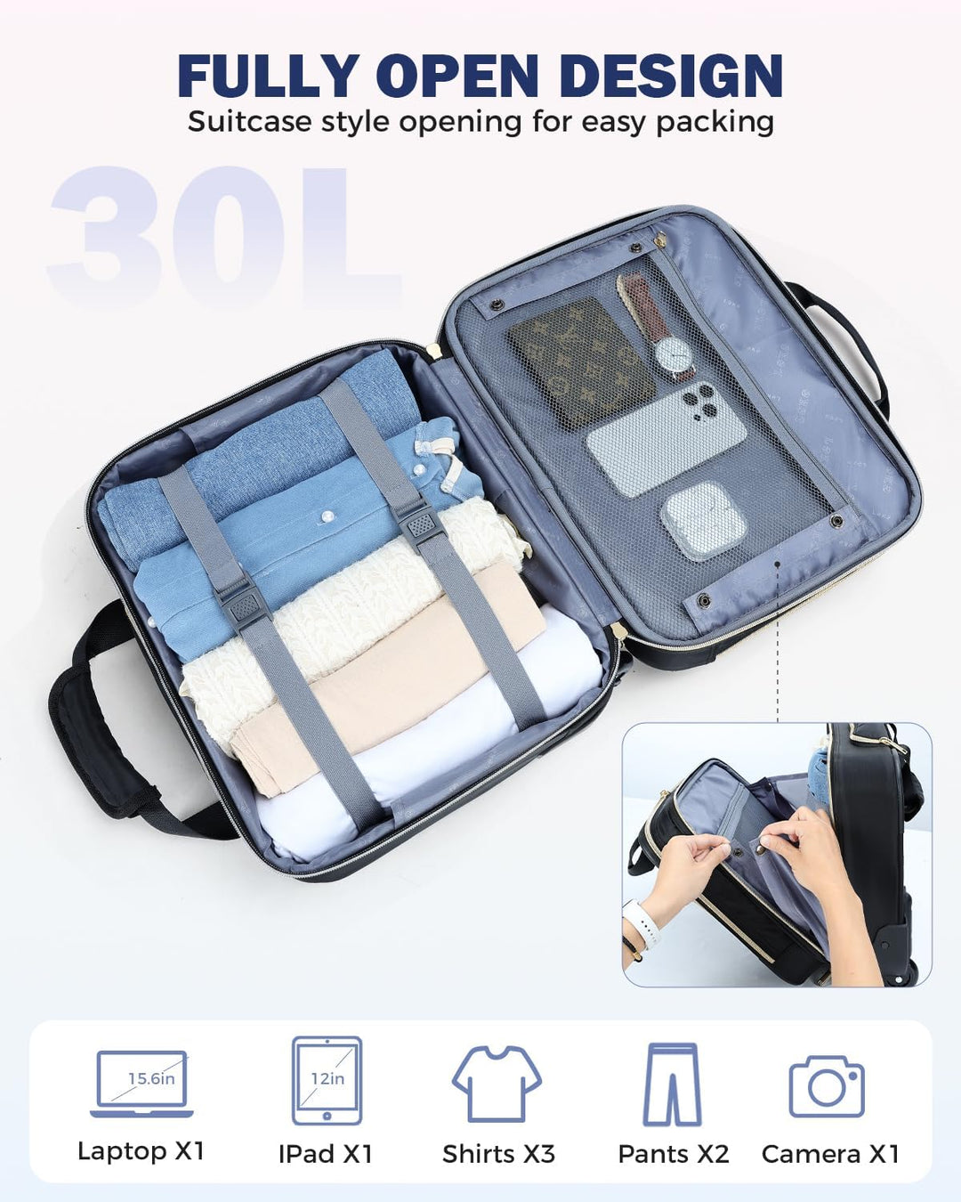 15,6" Rollkoffer für Laptop mit Mehreren Fächern & Flugzeugzugelassene Abmessungen