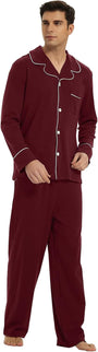 Herren Pyjama Set aus Baumwolle mit Knopfleiste, Langarm-Bordeauxrood-S-Luzern Mode