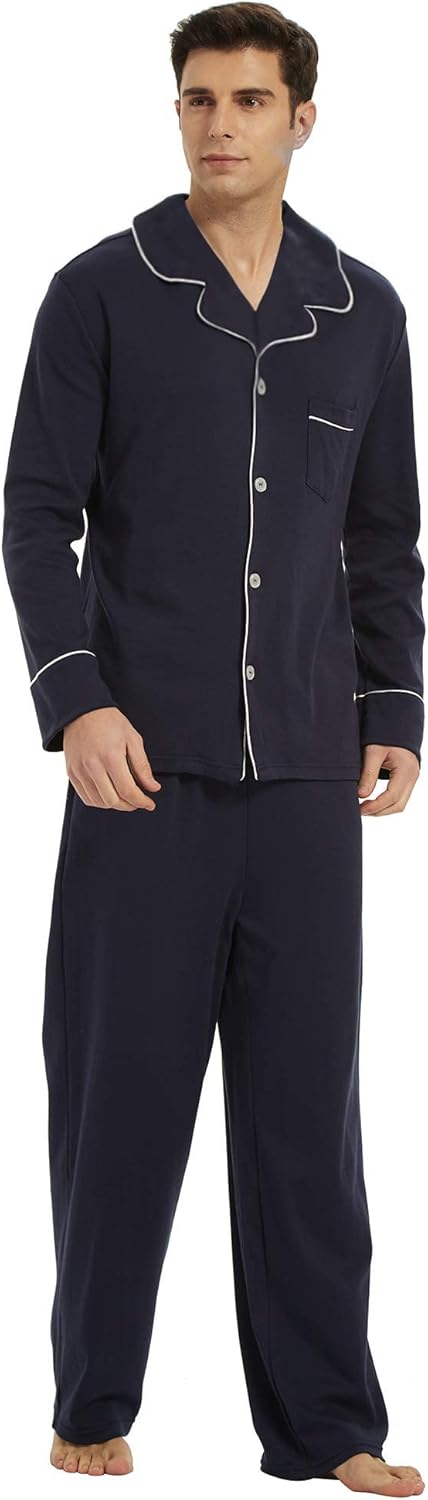 Herren Pyjama Set aus Baumwolle mit Knopfleiste, Langarm-Dunkelgrau-S-Luzern Mode