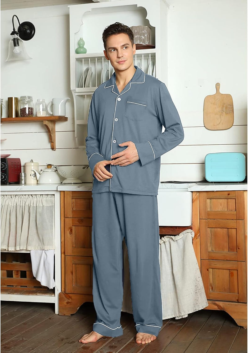 Herren Pyjama Set aus Baumwolle mit Knopfleiste, Langarm-Luzern Mode