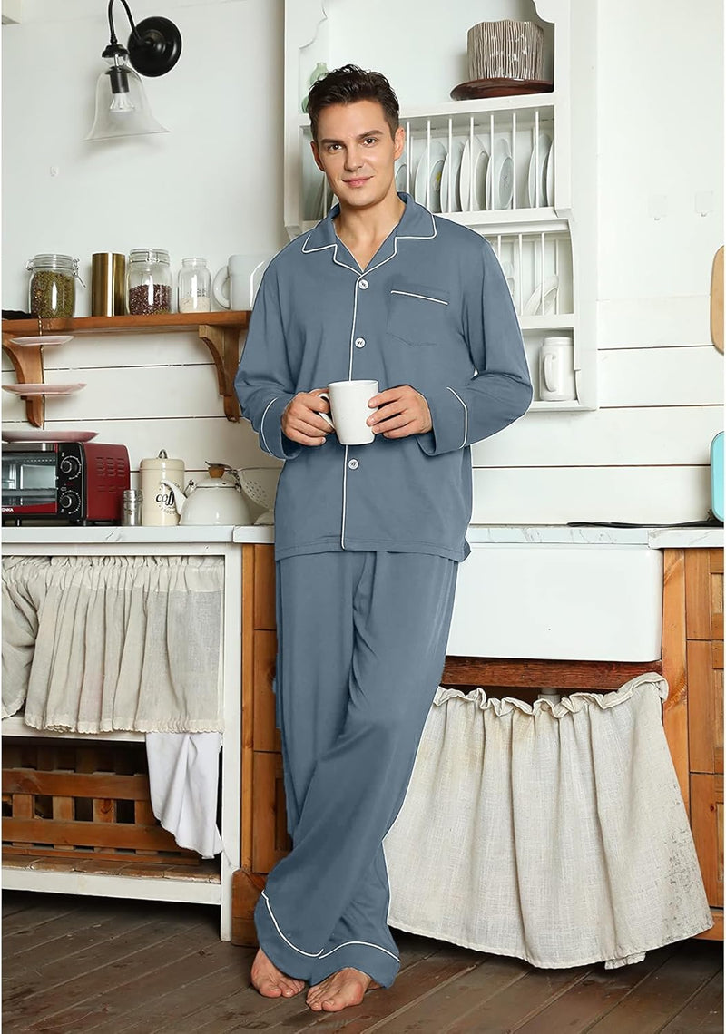 Herren Pyjama Set aus Baumwolle mit Knopfleiste, Langarm-Luzern Mode