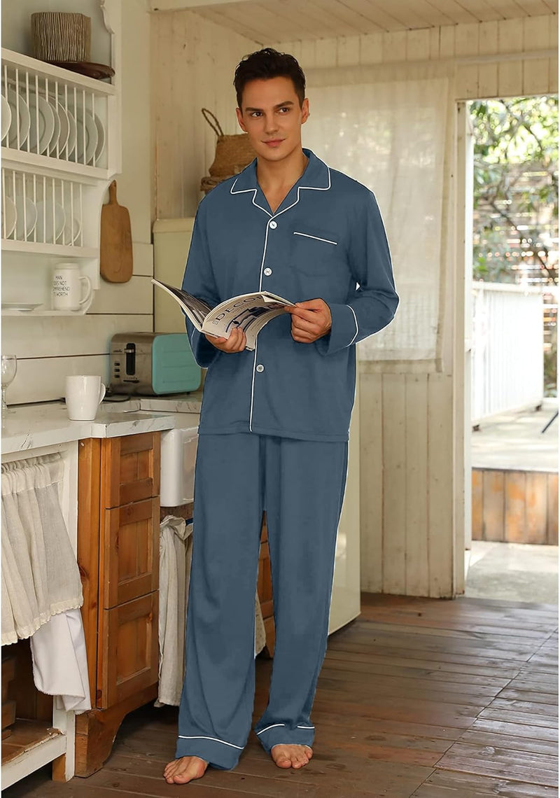 Herren Pyjama Set aus Baumwolle mit Knopfleiste, Langarm-Luzern Mode