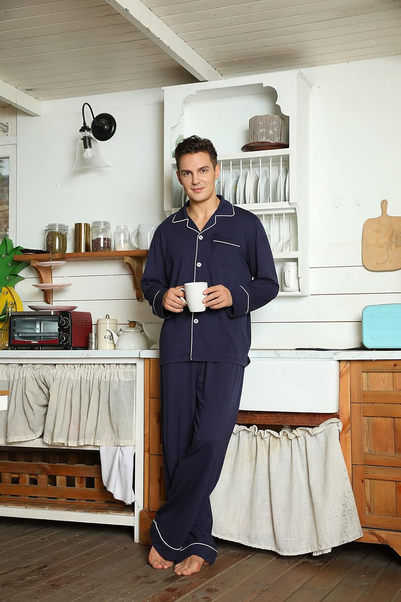 Herren Pyjama Set aus Baumwolle mit Knopfleiste, Langarm-Luzern Mode