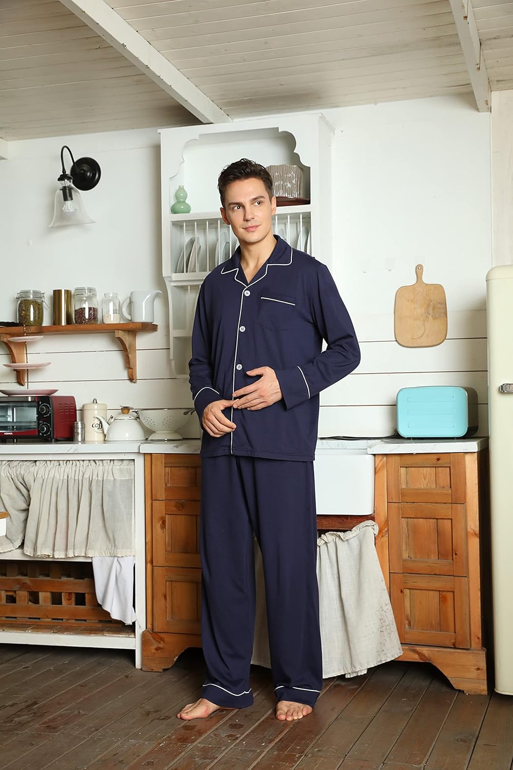 Herren Pyjama Set aus Baumwolle mit Knopfleiste, Langarm-Luzern Mode