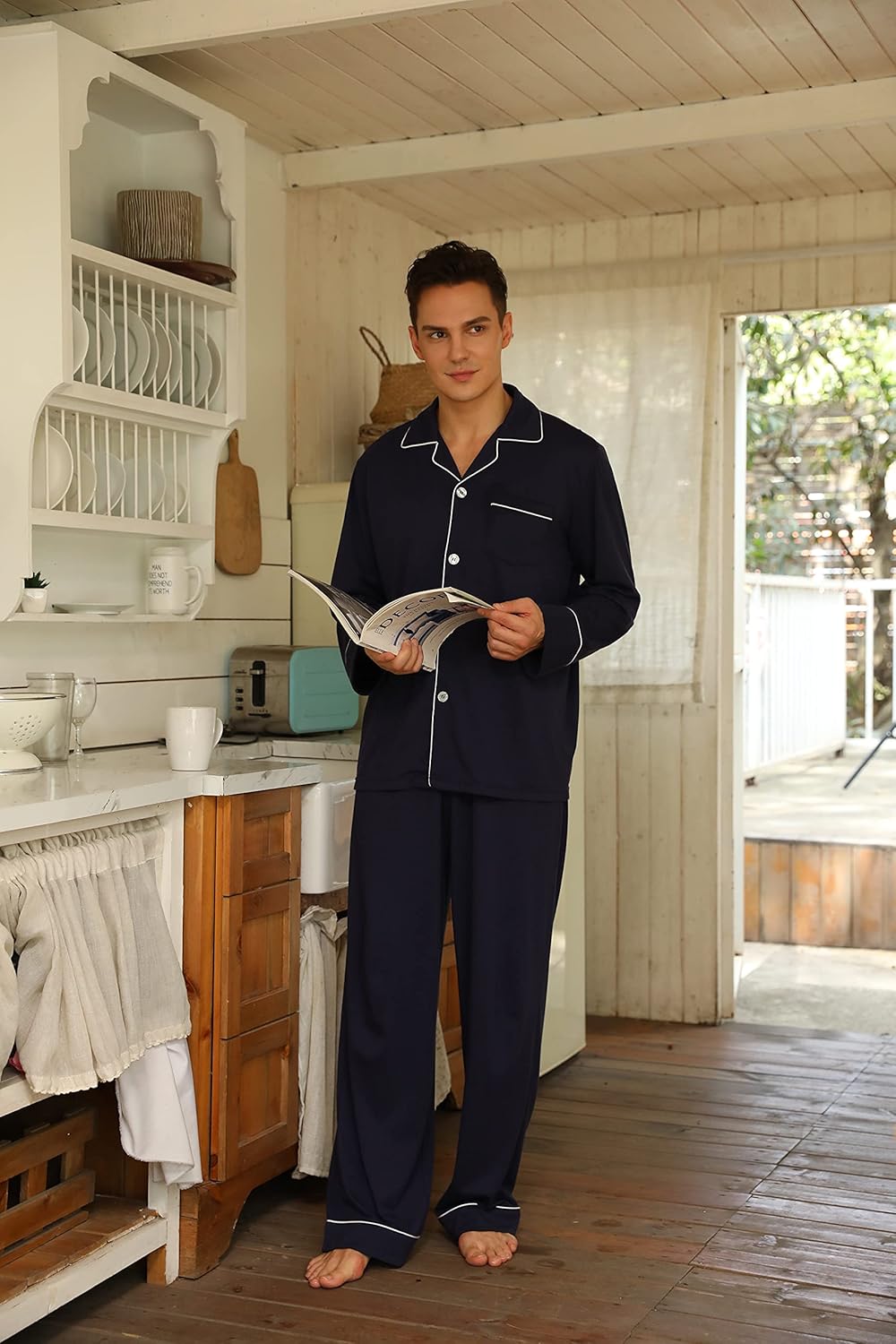 Herren Pyjama Set aus Baumwolle mit Knopfleiste, Langarm-Luzern Mode