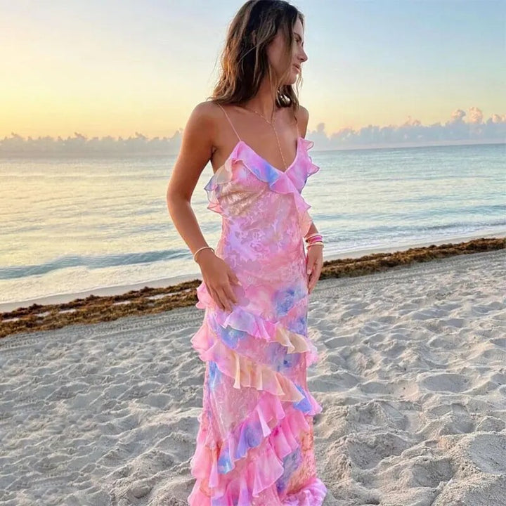 Maxi Sommerkleid | Bunt | Rüschen | Ärmellos | V-Ausschnitt | Lockere Passform-Rosa-S-Luzern Mode