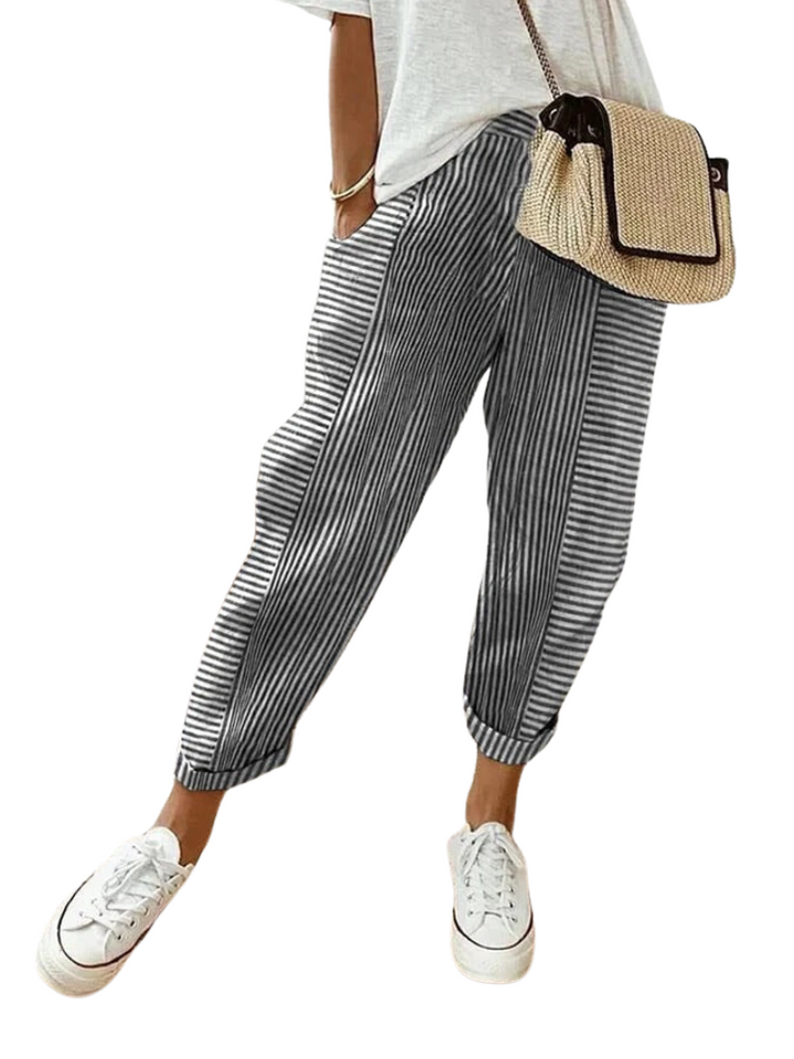 Gestreifte Damenhose | Lange Beine | Locker sitzend | Baumwolle | Mit Schnürzug-Schwarz-S-Luzern Mode