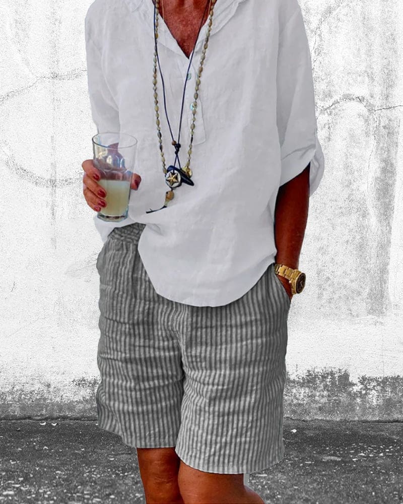 Gestreifte Damen Shorts | Baumwolle | Leinen | Luftig | Locker sitzend-Luzern Mode