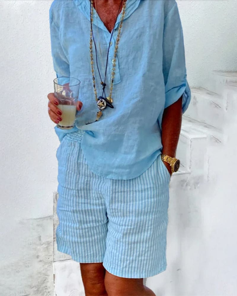 Gestreifte Damen Shorts | Baumwolle | Leinen | Luftig | Locker sitzend-Luzern Mode