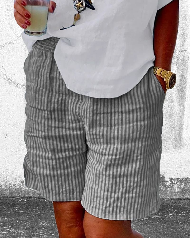 Gestreifte Damen Shorts | Baumwolle | Leinen | Luftig | Locker sitzend-Grau-S-Luzern Mode