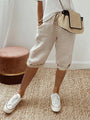 Damen Caprihose | Leinen | Locker sitzend | Kordelzug | Einfarbig | Taschen-Beige-S-Luzern Mode