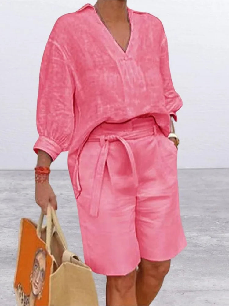 Leinen Zweiteiler Damen | Bluse mit Bindung | Shorts mit Taschen | Atmungsaktiv & leicht-Rosa-S-Luzern Mode