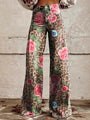 Damen Schlaghose mit Blumenmuster - Vintage 70er Jahre Look-Rosa Leopardenmuster-S-Luzern Mode