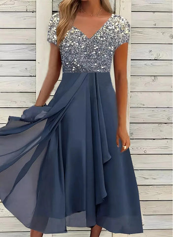 Midi Sommerkleid | Zweifarbig | Blumenmuster | Kurze Ärmel | V-Ausschnitt-Luzern Mode