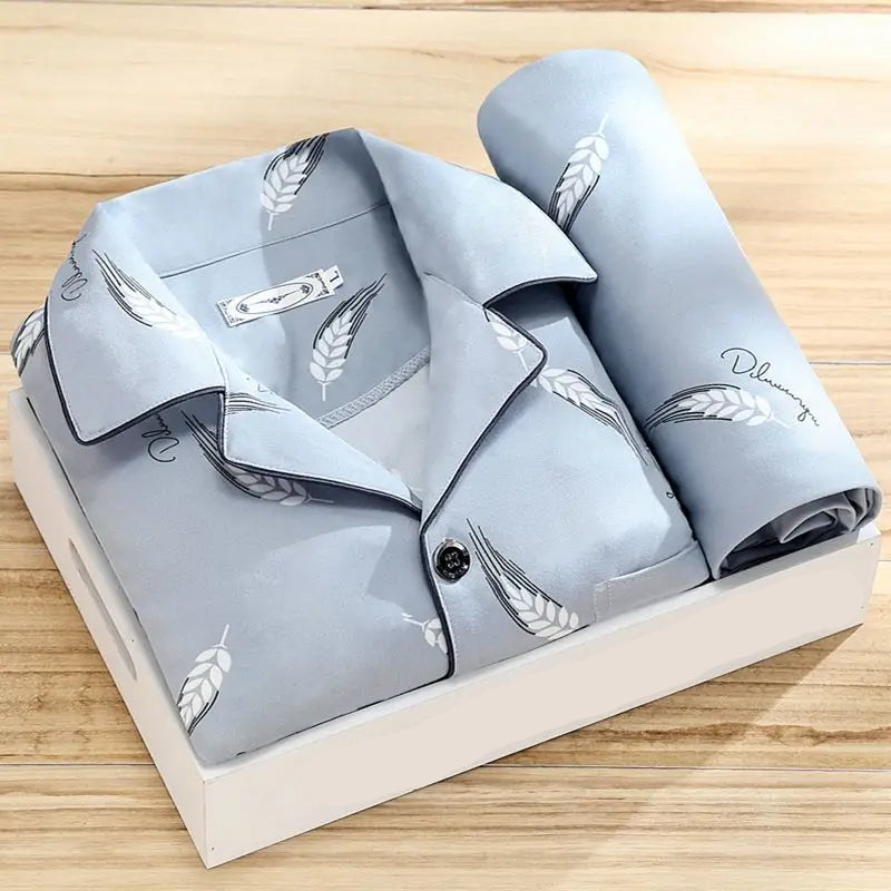 Herren Pyjama Set | 2-teilig | Lange Hose | Knopfverschluss | Hemd-Graues Feder-L-Luzern Mode