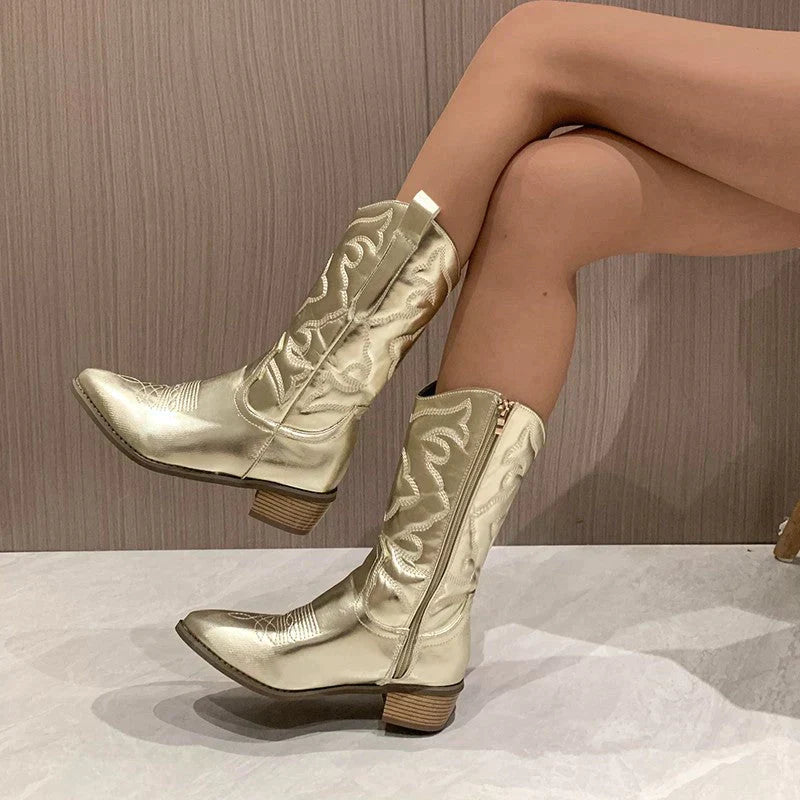 Damen Cowboy Stiefel | Metallic Farbe | Wadenhöhe | Niedriger Absatz | Zum Reinschlüpfen-Gold-36-Luzern Mode