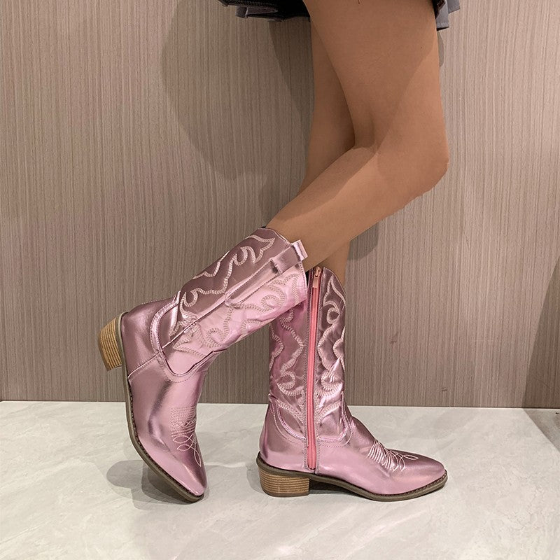 Damen Cowboy Stiefel | Metallic Farbe | Wadenhöhe | Niedriger Absatz | Zum Reinschlüpfen-Rosa-36-Luzern Mode