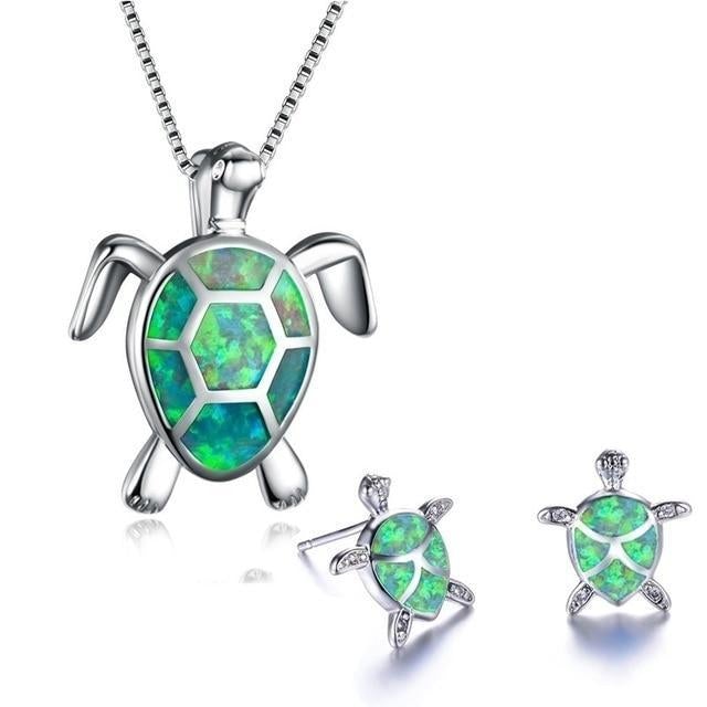 Schmuckset für Damen | Halskette | Ohrringe | Silber | Opal | Schildkröte-Grün-Luzern Mode