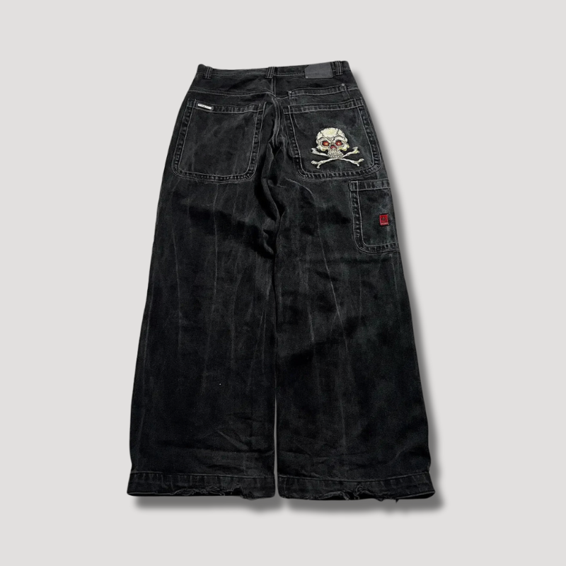 Schwarze Damenjeans | Baggy | Hohe Taille | Denim | Totenkopf | Robust-S-Luzern Mode