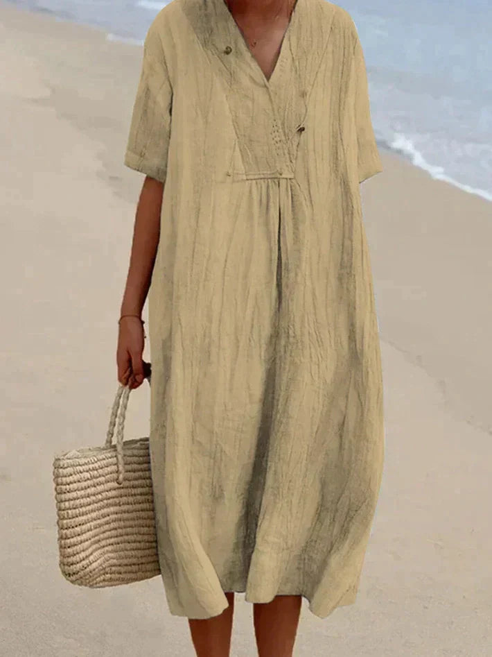 Leinen Sommerkleid Damen mit V-Ausschnitt und Strandtasche-Khaki-S-Luzern Mode