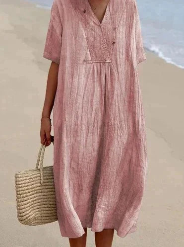Leinen Sommerkleid Damen mit V-Ausschnitt und Strandtasche-Rosa-S-Luzern Mode