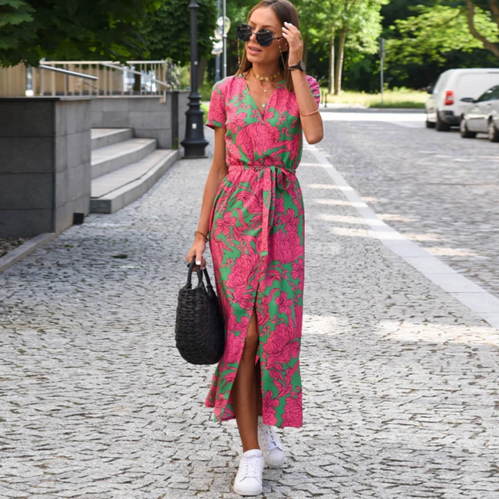 Damen Maxikleid mit Punktmuster und Seitenschlitz-Rosa-s-Luzern Mode