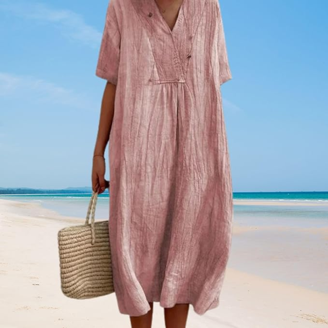Leinenkleid Damen Sommer Strandmode mit V-Ausschnitt-Rosa-s-Luzern Mode