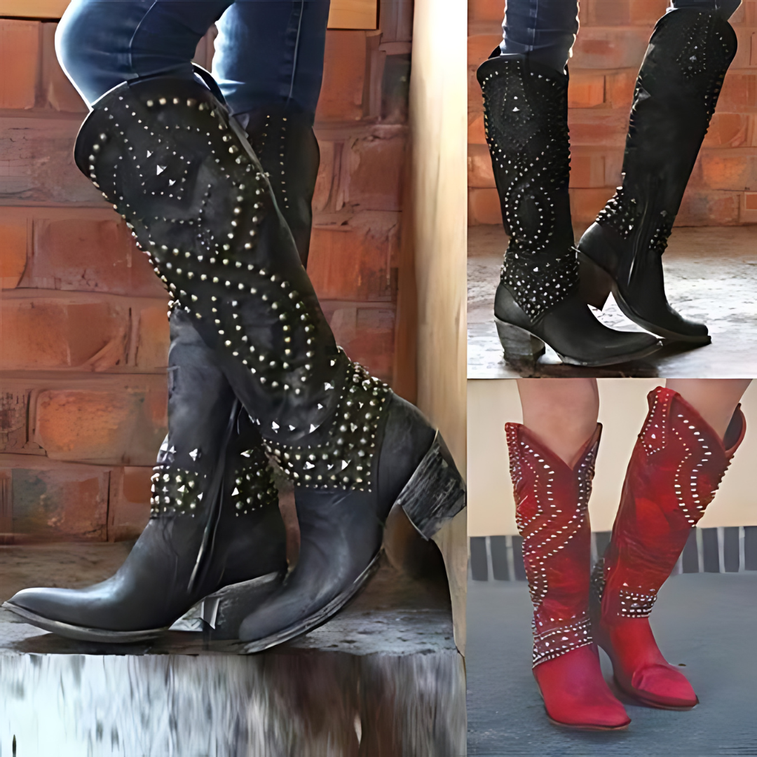 Damen Stiefel mit Nieten - Westernstil Lederstiefel-Luzern Mode