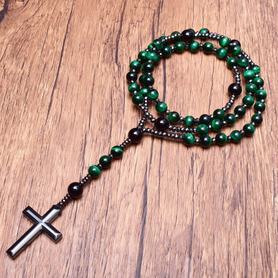 Halskette für Herren | Rosenkranz | Tigerauge | Lapislazuli | Kreuz-Luzern Mode