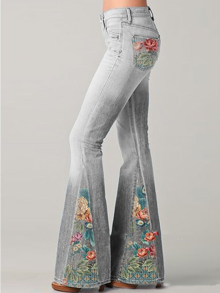 Damen Schlaghose mit Blumenstickerei - Vintage Look Jeans-Grau-S-Luzern Mode