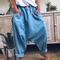 Damen Haremshose Baggy Style mit Elastischem Bund-Blau-S-Luzern Mode