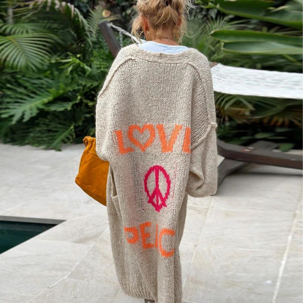 Oversized Strickjacke mit Love Peace Motiv für Damen-Beige-Einheitsgröße-Luzern Mode
