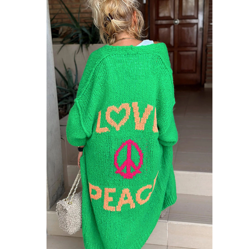 Oversized Strickjacke mit Love Peace Motiv für Damen-Grün-Einheitsgröße-Luzern Mode