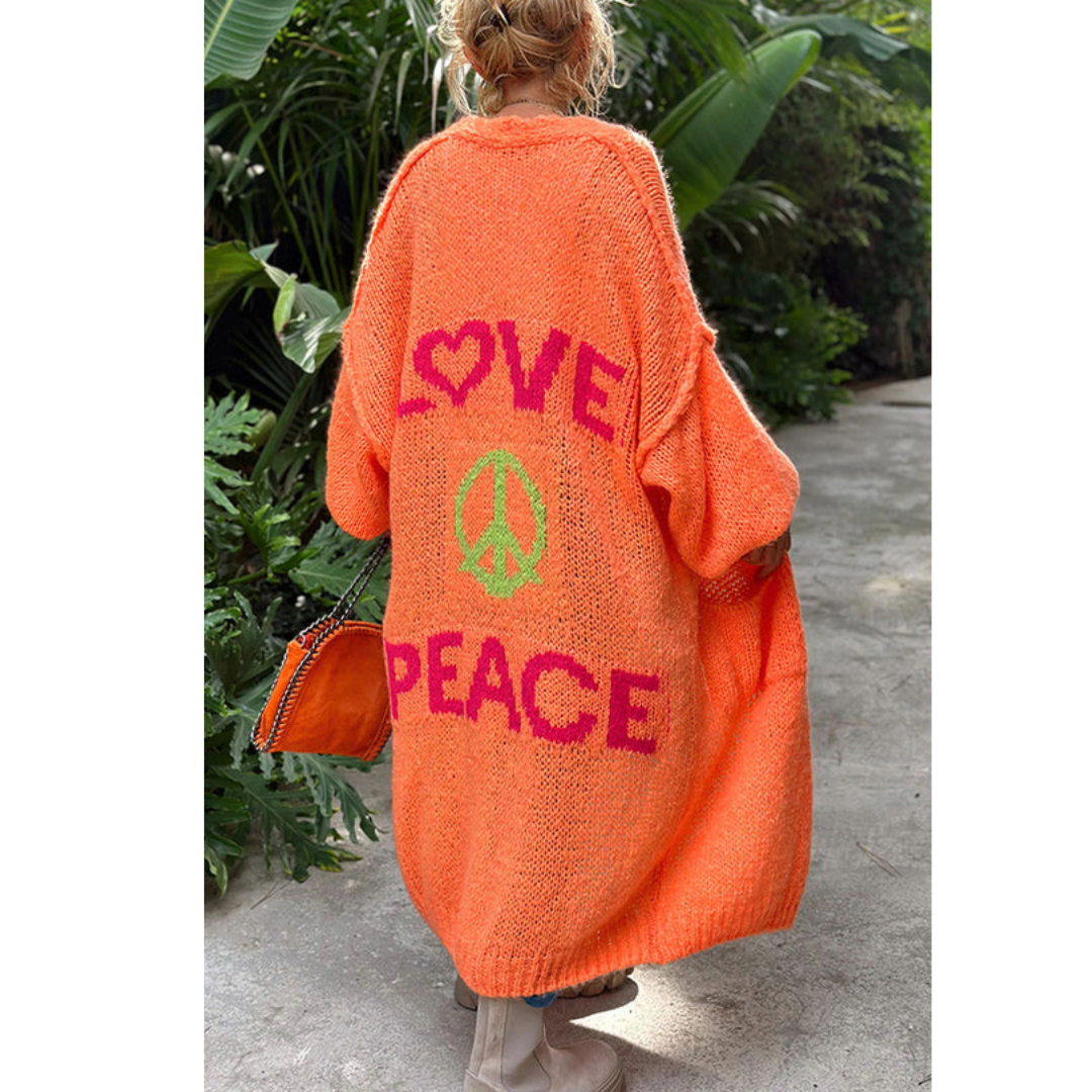 Oversized Strickjacke mit Love Peace Motiv für Damen-Orange-Einheitsgröße-Luzern Mode