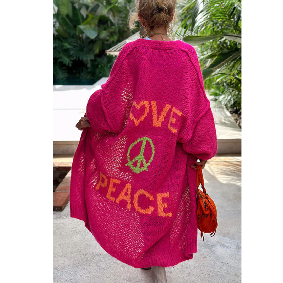 Oversized Strickjacke mit Love Peace Motiv für Damen-Rosa-Einheitsgröße-Luzern Mode