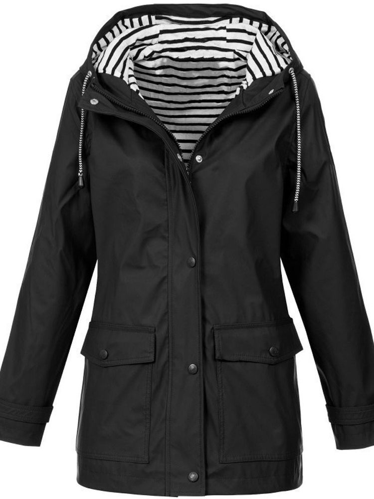 Wasserdichte Damen Regenjacke mit Kapuze und Taschen-Schwarz-S-Luzern Mode