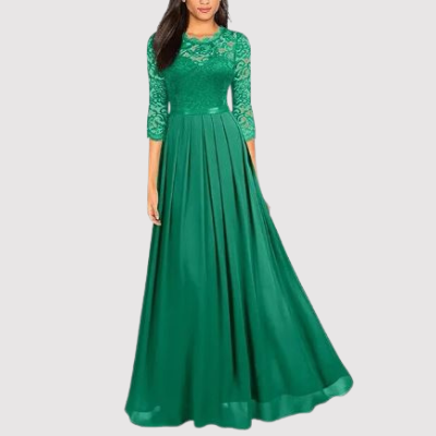 Damen Abendkleid Langarm Spitze Elegant Maxikleid-Grün-S-Luzern Mode