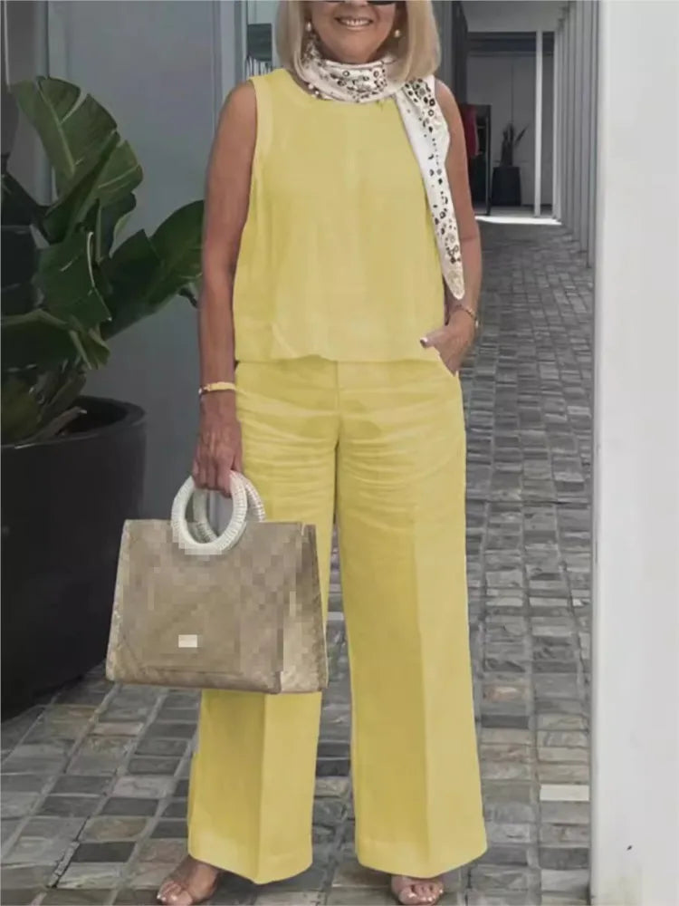 Damen Sommer Set Leinen | Zweiteilig | Ärmellose Bluse | Weite Hose | Luftig | Trendy-Gelb-S-Luzern Mode
